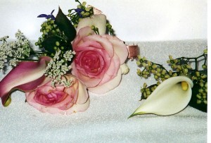 PINK CALLA LILY WITH ROSES CORSAGE AND CALLA LILY BOUTONIERE  